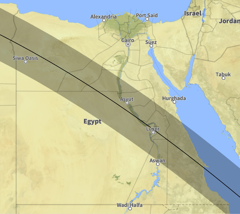 Map of the solar eclipse in egypt in 2027