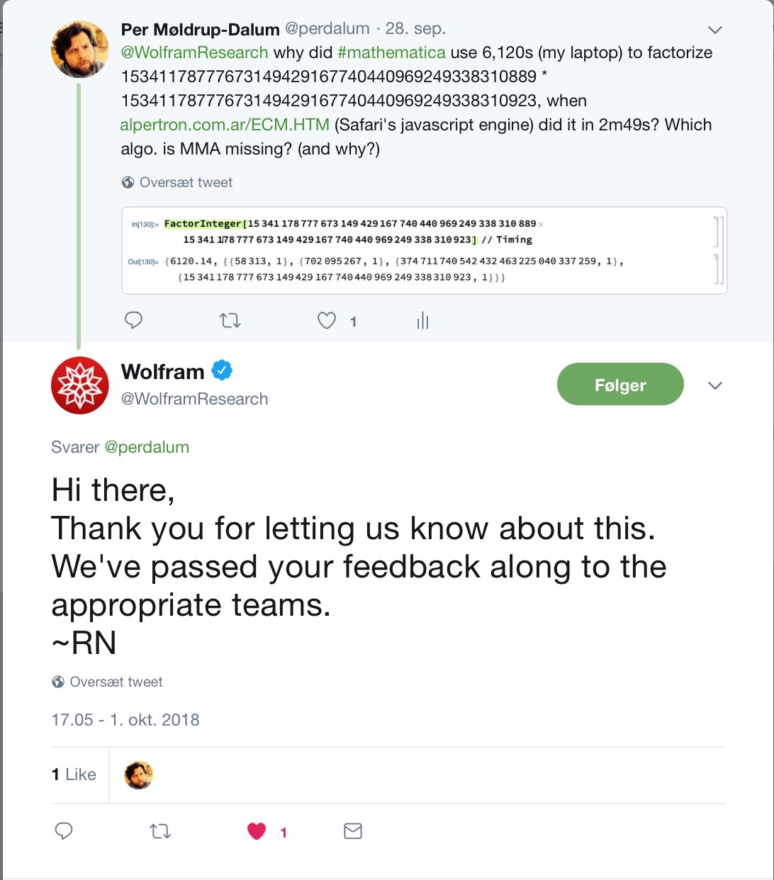 Tweet to @WolframResearch on the slowness of Mathematica for FactorInteger[]